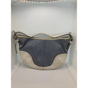 Vintage Coach Blue Signature Canvas and White Leather Small Hobo Bag Purse